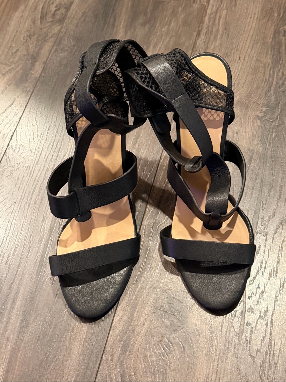 Women’s Black Strappy Sandals with Mesh Ankle Wrap